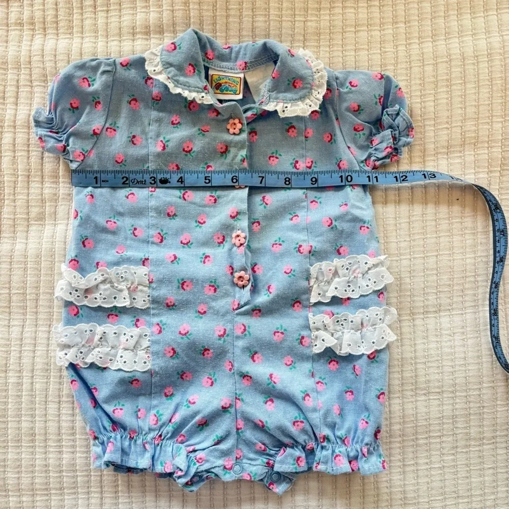 Vintage 80's Lightning Bug Baby Blue Dainty Floral Ruffle Girls Romper 6-9 month